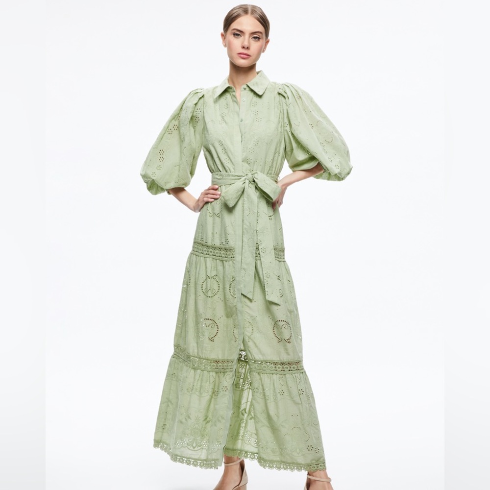 NWT alice + olivia LILLY COLLARED EYELET MAXI DRESS in green tea. Size 2 - Picture 3 of 11